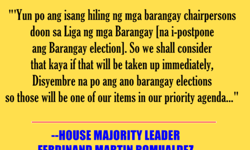 Pag-postpone sang barangay election subong nga tuig, ginakonsiderar sang Kamara