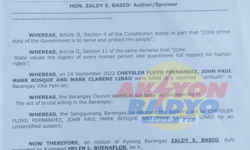 Resolution nga nagakondenar sa pagpatay sa 3 ka mag-abyan sa Villa Pani-an, Estancia, ginpasar sang barangay council